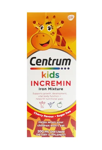 Siro Centrum Kids Incremin 200ml Úc - Thực phẩm bổ sung cho trẻ biếng ăn, vitamin B, sắt, hương vị cherry dễ uống