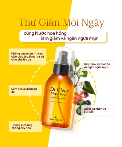 Toner Nước Hoa Hồng The Skin House Dr. Clear Magic 130ml - Hỗ Trợ Ngăn Mụn, Làm Dịu Da, Chăm Sóc Da Dầu Mụn Chất Lượng Cao