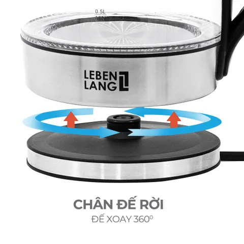 Ấm Siêu Tốc Thủy Tinh Lebenlang LBWE2626 - Công Suất 1850W-2200W, Dung Tích 1.8L, Đế Xoay 360 Độ, Tự Ngắt Khi Nước Sôi