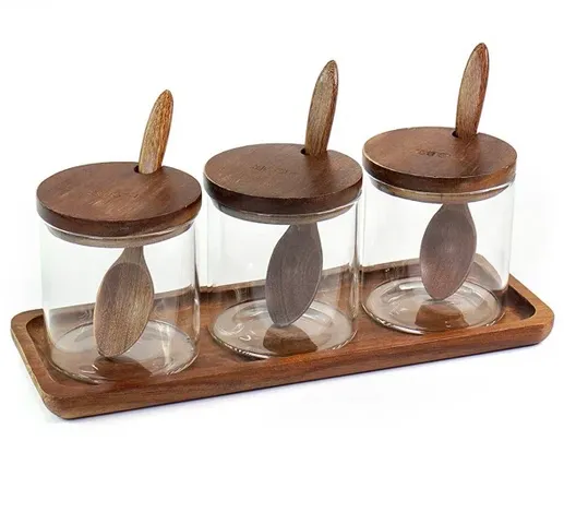 Combo 3 Hũ Gia Vị Thủy Tinh Kèm Khay Muỗng Hobby Home Decor HGV3D - Dụng Cụ Nhà Bếp Gọn Gàng, Tiện Lợi