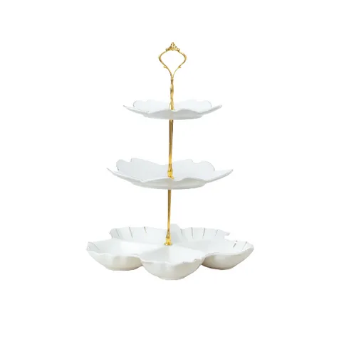 Đĩa Sứ 3 Tầng Trụ Kim Loại Ghome - Đồ Trang Trí Đựng Bánh Kẹo và Hoa Quả Sang Trọng, Thích Hợp Biếu Tặng Dịp Tân Gia