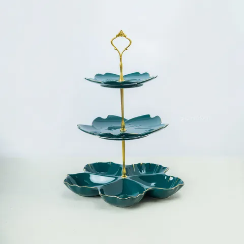 Đĩa Sứ 3 Tầng Trụ Kim Loại Ghome - Đồ Trang Trí Đựng Bánh Kẹo và Hoa Quả Sang Trọng, Thích Hợp Biếu Tặng Dịp Tân Gia