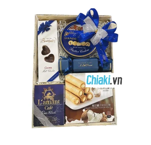 Giỏ Quà Tết KR06DN Sang Trọng - Khay Gỗ Cùng Bánh Quy, Cà Phê & Socola - Quà Tặng Năm Mới Ý Nghĩa