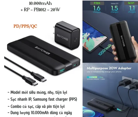 Pin sạc nhanh RAVPower 10000mAh RP-PB236 20W - Sạc dự phòng mỏng nhẹ, dung lượng lớn, sạc nhanh Type C công suất 20W