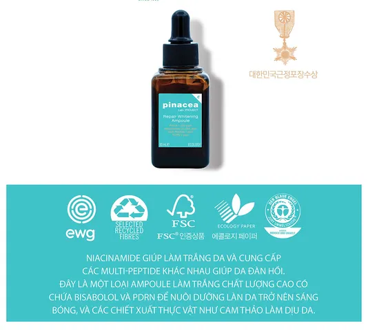Serum Pinacea Whitening Ampoule 30ml - Tinh Chất Dưỡng Ẩm Trẻ Hóa Da, Làm Trắng Sáng Da Nhờ Niacinamide, Chiết Xuất Vỏ Thông