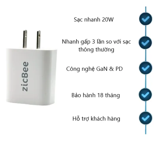 Củ Sạc Nhanh Mini 20W PD 3.0 zicBee MGA016 - Sạc Tốc Độ Cao cho Điện Thoại, iPad, Airpods, Apple Watch, Thiết Kế Gọn Nhẹ, USB-C