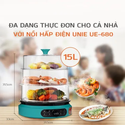 Nồi Hấp Đa Năng UNIE UE-680 15L - Nồi Hấp Điện 3 Tầng Chất Liệu Nhựa ABS An Toàn Bếp Gia Đình