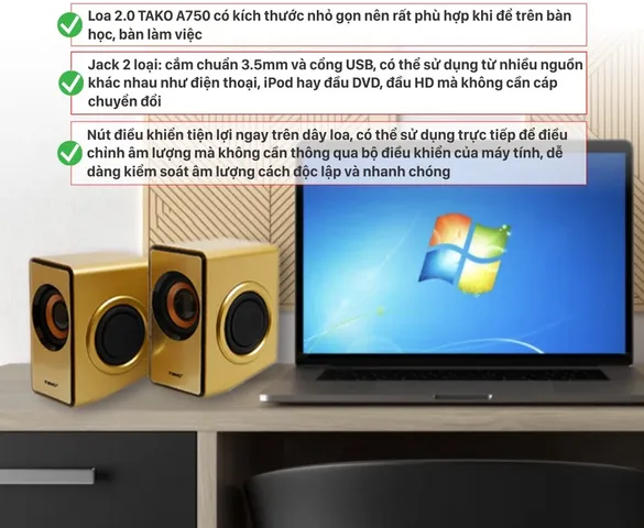 Loa Máy Tính 2.0 Tako A760 Công Suất 6W - Âm Thanh Sống Động, Thiết Kế Hiện Đại Cho PC, Laptop, TV