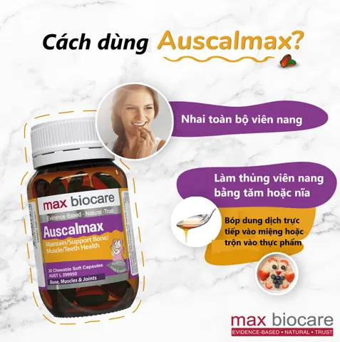 Viên nhai Max Biocare Auscalmax hỗ trợ sức khỏe xương, cơ - Bổ sung Vitamin K2, D3, Canxi hữu cơ cho người lớn và trẻ nhỏ