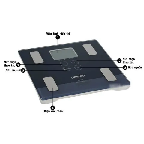 Cân Đo Lượng Mỡ Cơ Thể Omron HBF-224 - Chịu Lực Tối Đa 135kg, Màn Hình LCD, Đo Tỷ Lệ Mỡ Cơ, Đánh Giá Sức Khỏe 4 Người Dùng