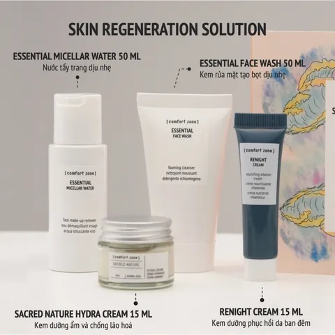 Bộ 4 Món Dưỡng Da Làm Sạch Comfort Zone Skin Regeneration - Set Du Lịch Dưỡng Ẩm, Rửa Mặt, Tẩy Trang cho Làn Da Tươi Trẻ
