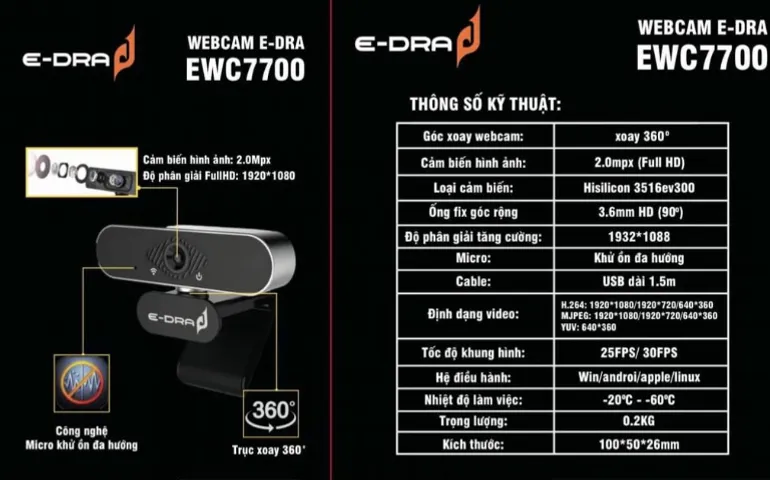 Webcam E-dra EWC7700 Full HD 1080P - Góc Nhìn Xoay 360 Độ, Micro Khử Ổn, Tốc Độ 25FPS/30FPS, Phụ Kiện Máy Tính Chất Lượng Cao