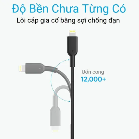 Cáp sạc Anker Powerline II Lightning A8433 dài 1.8m - Thiết kế bền bỉ, sạc nhanh, tương thích với iPhone, iPad, iPod