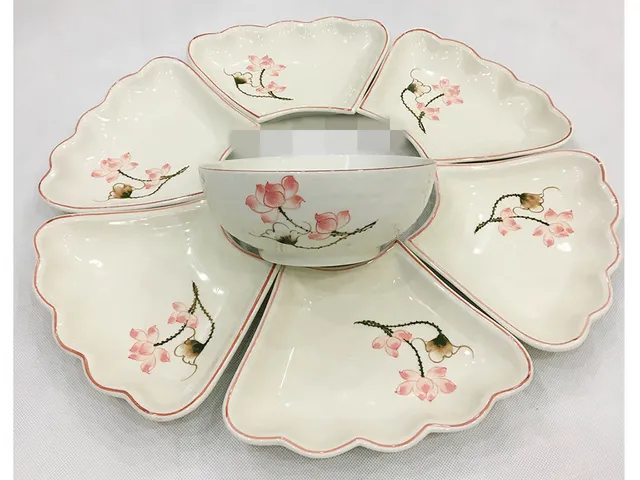 Bộ bát đĩa Bát Tràng hoa mặt trời 7 món - Gốm sứ cao cấp vẽ tay tinh xảo, bộ dụng cụ ăn đẹp mắt cho gia đình