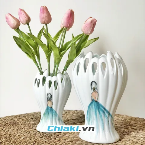 Lọ Hoa Gốm Sứ Bàn Tay Phật Hình Cô Gái Đầm Xanh - Bình Cắm Hoa Thẩm Mỹ, Trang Trí Nhà Cửa Sang Trọng, Gốm Bát Tràng cao cấp