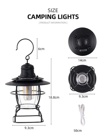 Đèn Cắm Trại Chiếu Sáng Ngoài Trời Pin Sạc Dáng Cổ Điển CLS - Bền Bỉ, Chống Gỉ, 3 Chế Độ Ánh Sáng - Phụ Kiện Dã Ngoại Hoàn Hảo