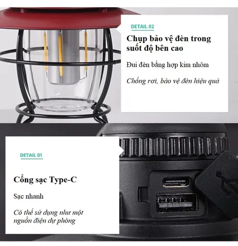 Đèn Cắm Trại Chiếu Sáng Ngoài Trời Pin Sạc Dáng Cổ Điển CLS - Bền Bỉ, Chống Gỉ, 3 Chế Độ Ánh Sáng - Phụ Kiện Dã Ngoại Hoàn Hảo