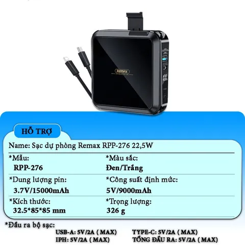 Sạc Dự Phòng Đa Năng Remax RPP-276 15000mAh - Thiết Kế Nhỏ Gọn, Chân Cắm AC, 2 Cổng USB & Type C, Phù Hợp Mọi Thiết Bị