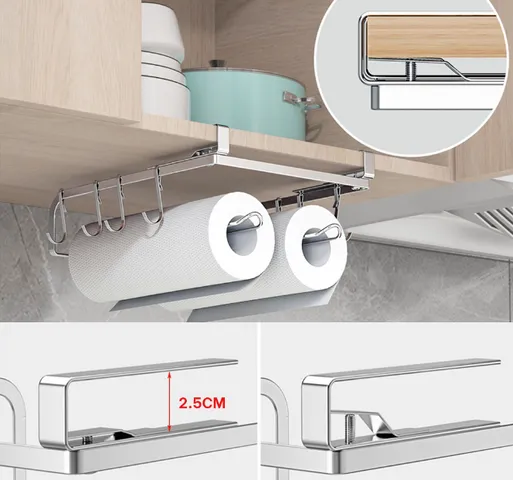 Giá treo 2 cuộn giấy bếp gắn tủ bếp Inox 304 - Tiện ích trang trí nhà bếp Hobby Home Decor kèm 8 móc treo đồ hữu dụng