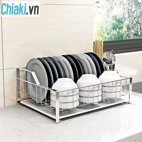 Kệ chén 1 tầng Inox 304 Hobby Home Decor KC2 - Kệ đựng bát cao cấp có khay hứng nước và ống đũa, tiện lợi cho bếp nhà bạn