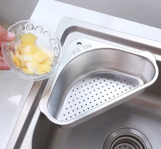 Rổ Treo Góc Chậu Rửa Chén Đa Năng Inox 304 - Dụng Cụ Tiện Ích Cho Nhà Bếp Kèm Sticker & Keo Dán Siêu Dính