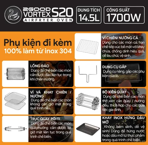 Nồi Chiên Không Dầu 2Good Vortex S-20 Air Fryer Oven 14.5L - Công Nghệ Nấu Ăn Tối Ưu, Dễ Sử Dụng với 16 Chế Độ Cài Đặt Sẵn