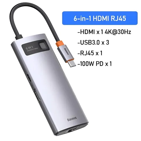 Bộ Hub Đa Năng Baseus Metal Gleam Gen2 6in1 - Cổng HDMI, USB3.0, RJ45, Sạc Nhanh PD 100W - Thiết Bị Mở Rộng Kết Nối Máy Tính, Điện Thoại