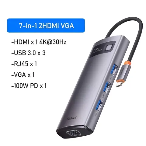 Bộ Hub Mở Rộng Baseus Metal Gleam 7in1 - USB-C, HDMI 4K, RJ45, USB 3.0 và Thẻ Nhớ SD/TF - Đa Năng Cho Laptop và Điện Thoại