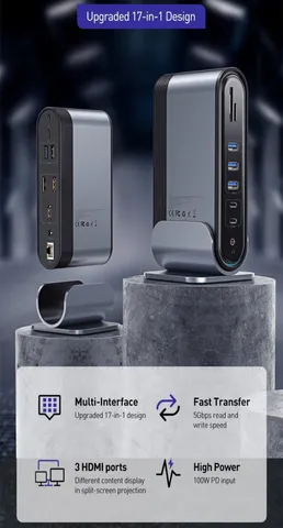 Hub Chuyển Đa Năng 17in1 Baseus Working Station CAHUB-DG0G - Cổng Kết Nối Đầy Đủ Cho Laptop, Macbook, Smartphone, Adapter Kèm Theo