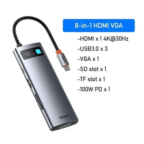 Hub Mở Rộng 8in1 Baseus Metal Gleam Gen 2 - Cổng HDMI, VGA, USB 3.0, Sạc Nhanh 100W - Thiết Bị Kết Nối Đa Năng Cho Laptop và Máy Tính