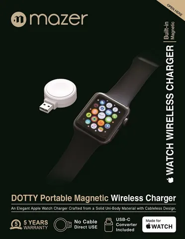 Dock sạc không dây Mazer MFW cho Apple Watch - Sạc nhanh, tích hợp USB-A, tương thích với Series 1-5, thiết kế gọn nhẹ, chất liệu bền bỉ