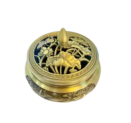 Lư Xông Trầm Đồng Vàng Họa Tiết Hoa Sen - Trang Trí Phong Thủy Tạo Hương Thơm - Lưu Hương An Lành Trong Không Gian Sống