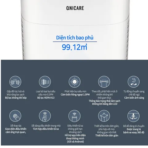 Máy Lọc Không Khí Qnicare AIRQ-300 Bánh Xe Quay 360 Độ - Bộ Lọc Hepa H13, Tiện Di Chuyển, Diện Tích Lọc 99m²