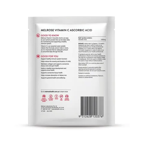 Bột Vitamin C Ascorbic Acid Melrose 125g - Hỗ trợ sức khỏe, tăng cường miễn dịch và làm đẹp da, nguyên chất dễ hòa tan