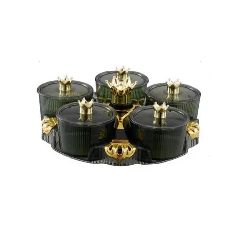 Khay đựng mứt kẹo Tết 5 hũ có nắp kiểu dáng châu Âu hiện đại, nhựa Acrylic bền đẹp - Xuất sắc trang trí ngày Tết