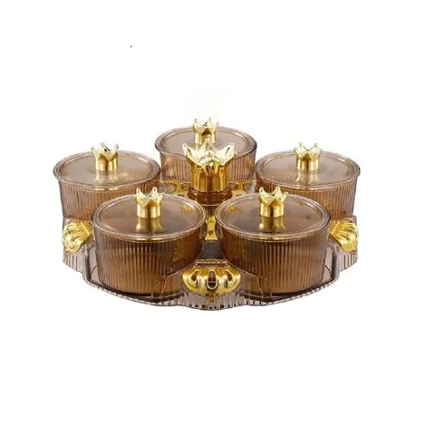 Khay đựng mứt kẹo Tết 5 hũ có nắp kiểu dáng châu Âu hiện đại, nhựa Acrylic bền đẹp - Xuất sắc trang trí ngày Tết