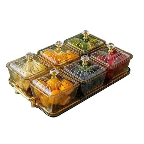 Khay Đựng Mứt Kẹo Tết 6 Ngăn Có Nắp - Khay Đựng Gia Vị Chất Liệu Nhựa Cao Cấp, Thiết Kế Sang Trọng Cho Bàn Tiệc Ngày Tết
