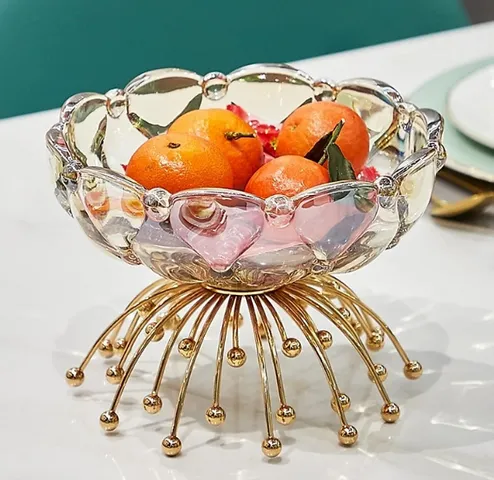 Khay Thủy Tinh Pha Lê Đựng Trái Cây Đế Kim Loại Mạ Vàng - Phong Cách Châu Âu Sang Trọng, Trang Trí Tiệc Cưới và Bàn Ăn