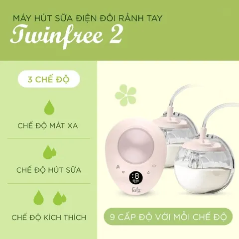 Máy Hút Sữa Điện Đôi Fatzbaby Twinfree 2 FB1311SD - Pin 1800mAh, 3 Chế Độ Hút Sữa, Rảnh Tay Tiện Lợi cho Mẹ Bỉm Sữa