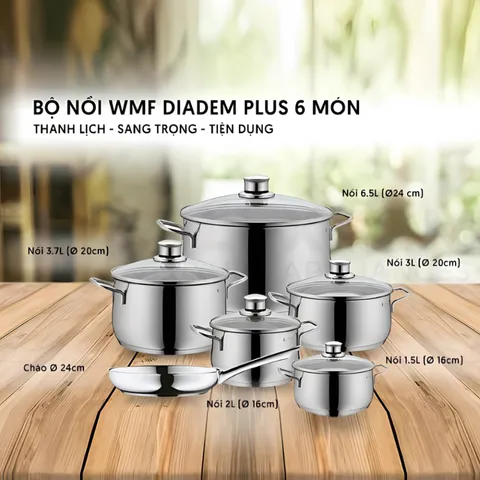 Bộ Nồi 6 Món WMF Diadem Plus Thép Không Gỉ 18/10 - Nồi Nấu Đa Năng Cho Tất Cả Các Loại Bếp, Bộ Nồi Chất Lượng Cao