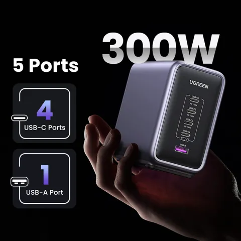 Bộ sạc nhanh 5 cổng Ugreen Nexode 300W - Sạc đa năng USB-C và USB-A cho laptop, điện thoại, iPad, Apple Watch