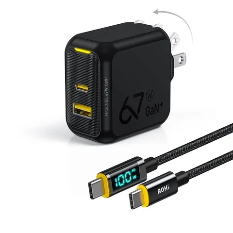 Bộ Sạc Nhanh AOHi Magcube GaN+ 67W AOC-C004 - Củ Sạc 2 Cổng USB-C và USB-A Gọn Nhẹ, Chất Lượng Cao, Tích Hợp Màn Hình LED