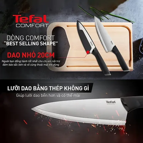 Dao làm bếp Tefal Comfort K2213204, lưỡi dài 20cm, thép không gỉ, tay cầm nhựa cao cấp, tiện dụng cho bếp và du lịch