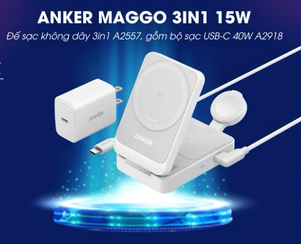 Đế Sạc Không Dây 3in1 Anker MagGo 15W A2557 - Sạc Nhanh USB-C 40W, Thiết Kế Sang Trọng, Tương Thích MagSafe, Sạc Đồng Thời 3 Thiết Bị