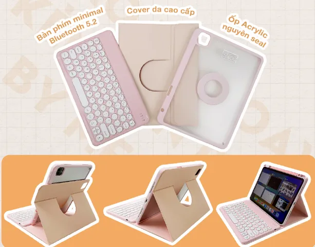 Bao da iPad xoay 360 độ kèm bàn phím Bluetooth - Phụ kiện tiện lợi chống sốc, cao cấp cho iPad, làm việc như laptop