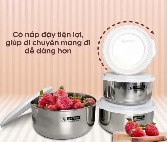 Bộ 4 Thố Inox 304 Zebra Thái Lan Có Nắp Đậy - Dụng Cụ Đựng Thực Phẩm Cao Cấp, An Toàn Sức Khỏe, Thích Hợp Cho Nấu Ăn và Trộn Salad