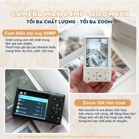 Máy Ảnh Kỹ Thuật Số Mini HS Pixel 64MP - Quay Video 4K, Zoom 18x, Thiết Kế Hiện Đại, Chụp Ảnh Sắc Nét, Ống Kính Góc Rộng