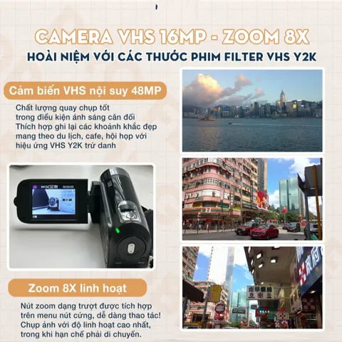 Máy Quay Chụp Kỹ Thuật Số VHS 16MP Vintage - Digital Handy Camera HD, Ống Kính Góc Rộng, Phong Cách Y2K, Quay Phim Chất Lượng Cao