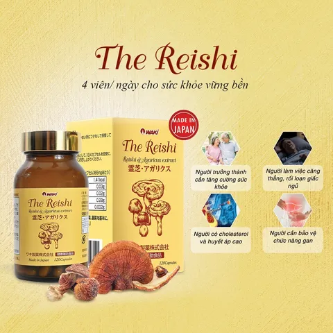 Viên uống The Reishi Waki xích linh chi và nấm Agaricus Nhật Bản - Hỗ trợ bồi bổ sức khỏe, tăng cường miễn dịch, bảo vệ gan, 120 viên
