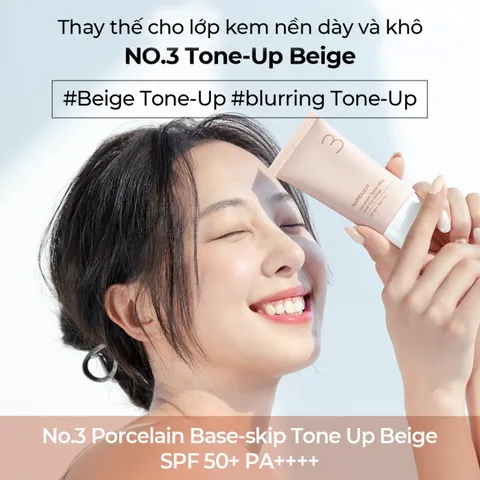Kem Chống Nắng Nâng Tone Numbuzin No.3 Porcelain Base-skip Beige SPF50+ - Bảo Vệ Da Toàn Diện, Dưỡng Sáng Mịn Màu Da